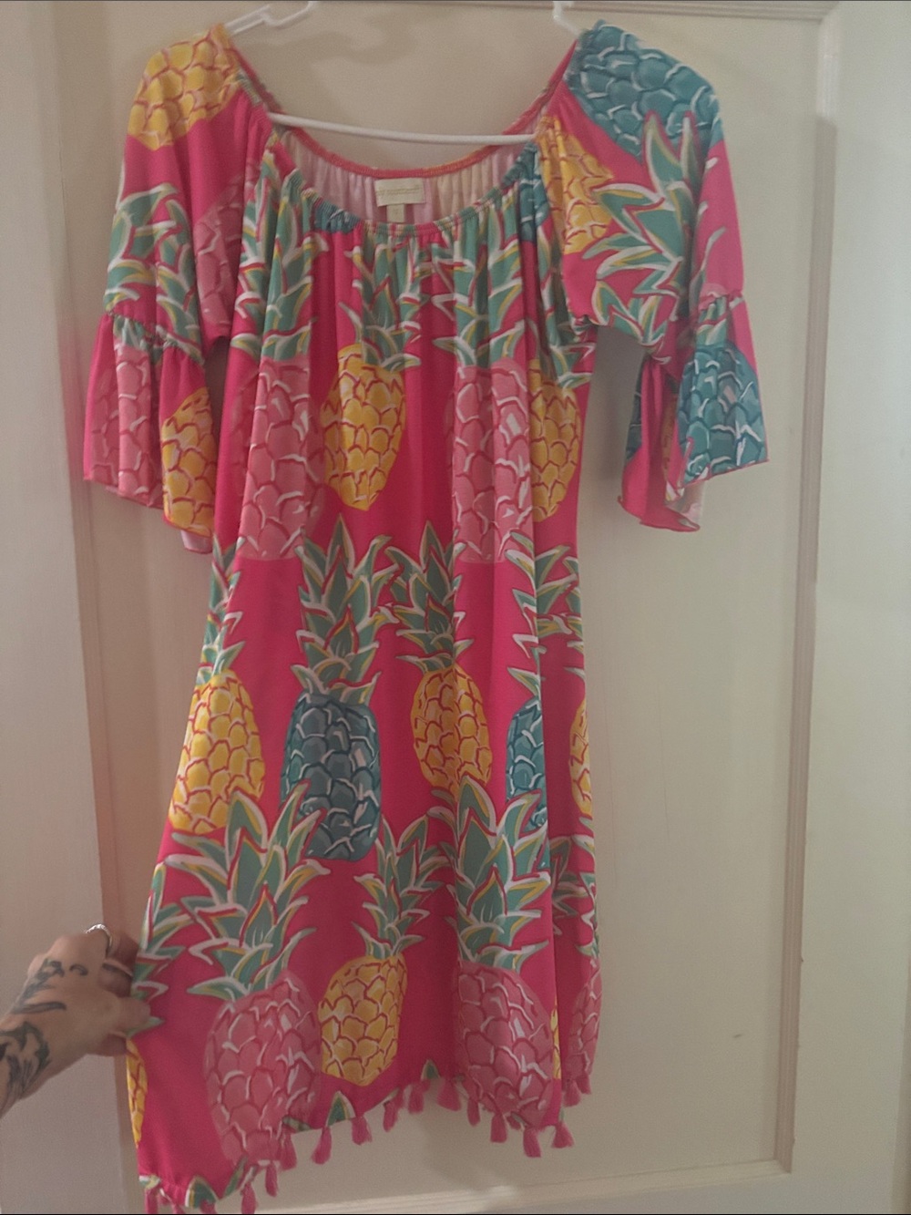 Simply Southern Off-Shoulder Pineapple Print Dress in Hot Pink